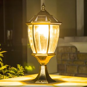 GRA51475 Black/Golden Waterproof Pillar Lamp Solar Metal Outdoor Lights for Garden